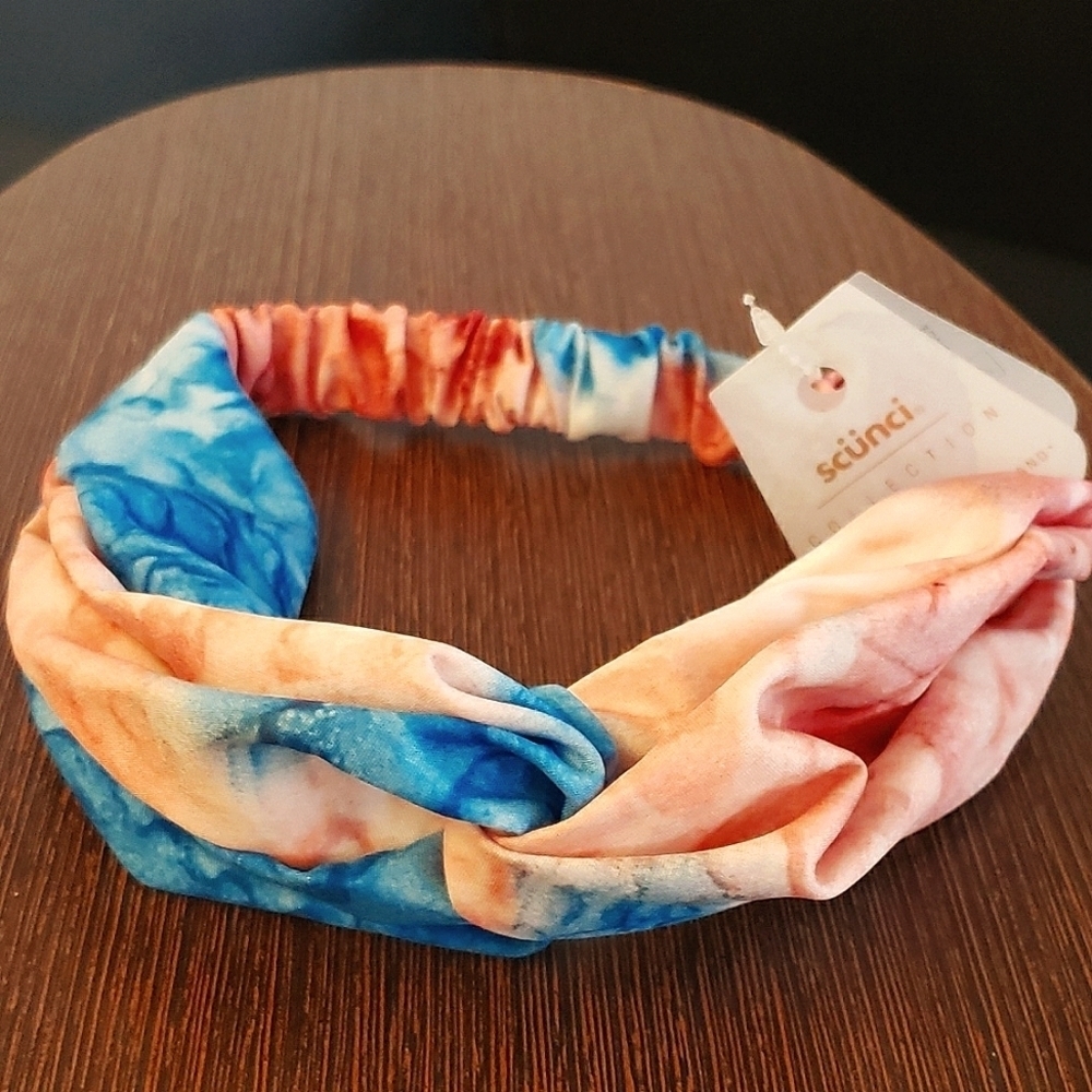 SCUNCI Water Color Pink/Blue Tie-Dyed Twist Front Head Band